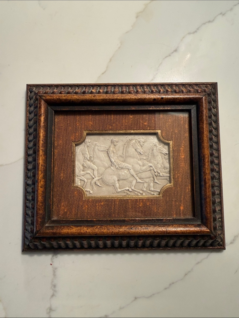 Vintage Petite Alabaster Horse Riding Relief in Wood Frame under Glass - Picture 2 of 7